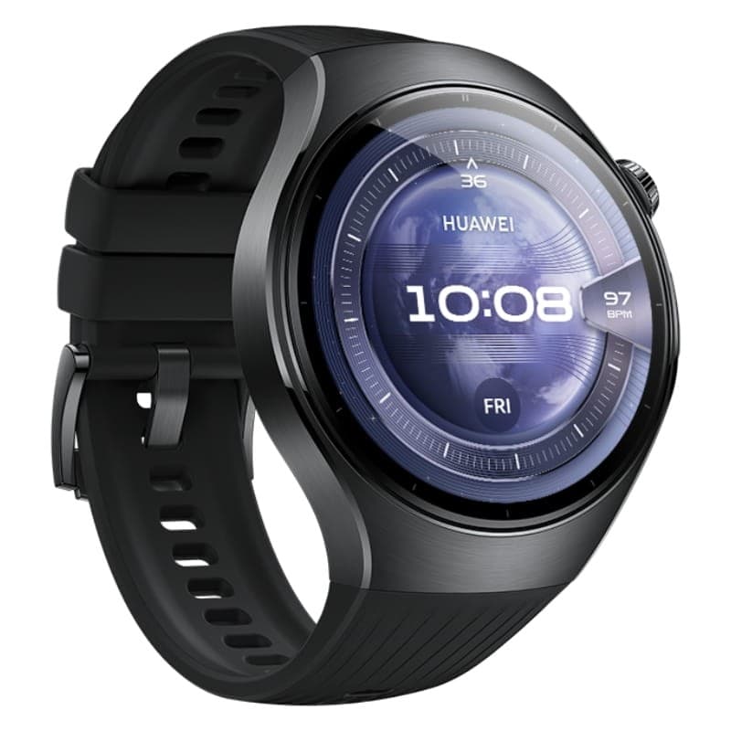 Huawei Watch 5 46 mm Preto com caixa metálica, pulseira de silicone preta, tela circular brilhante e mostrador digital com hora e batimentos cardíacos.