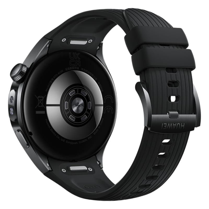 Huawei Watch 5 46 mm Preto com caixa metálica escura, traseira com sensores circulares e pulseira de silicone preta texturizada com fecho duplo