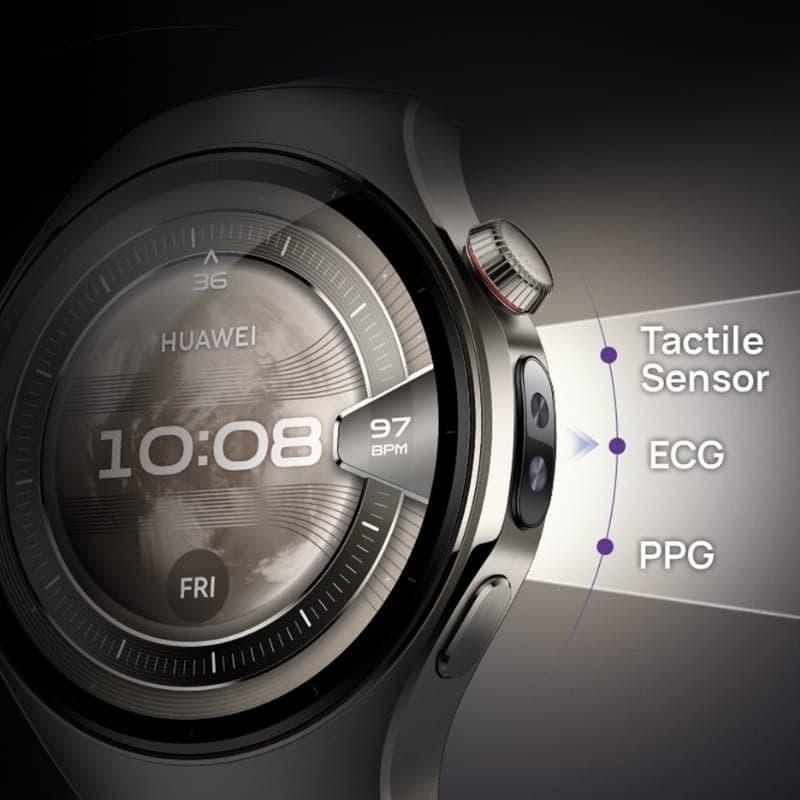 Huawei Watch 5 46 mm Preto com caixa metálica, coroa texturizada e mostrador circular. Destaques: sensor tátil, ECG e PPG visíveis na lateral.