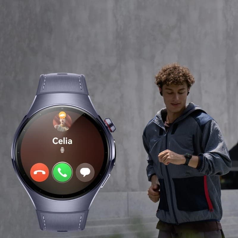 Huawei Watch 5 46 mm Preto com mostrador circular, tela AMOLED, moldura metálica escura, botões laterais e pulseira preta perfurada, interface de chamadas