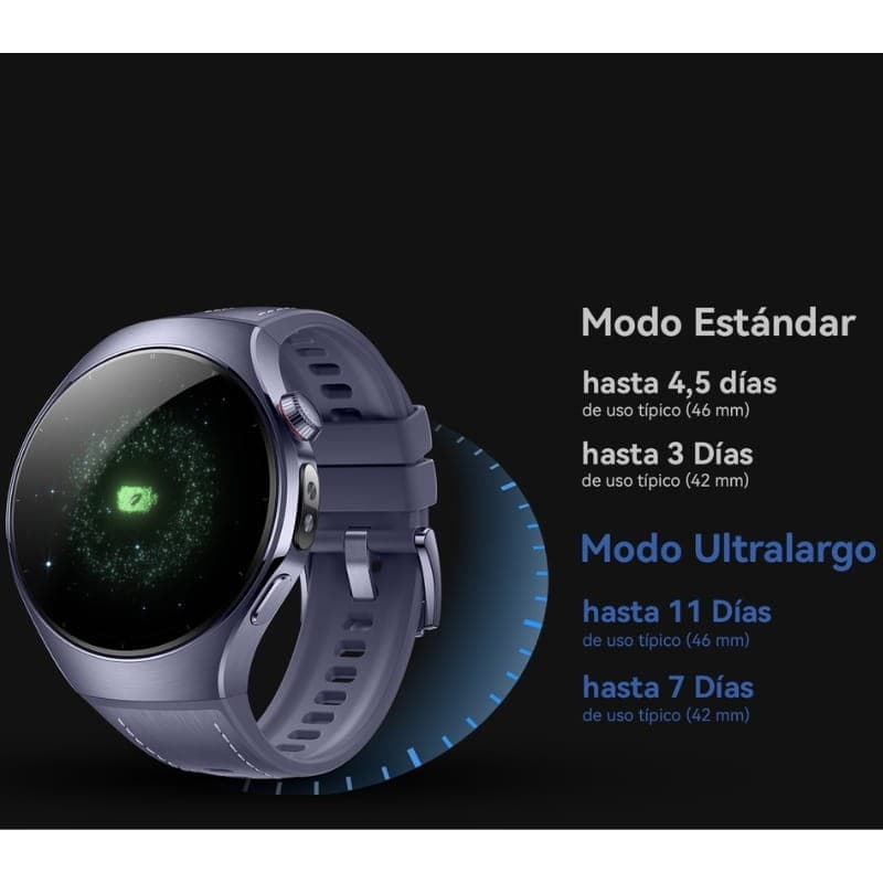 Huawei Watch 5 46 mm Preto com caixa arredondada, tela AMOLED com mostrador galáctico, dois botões laterais e pulseira de silicone ajustável