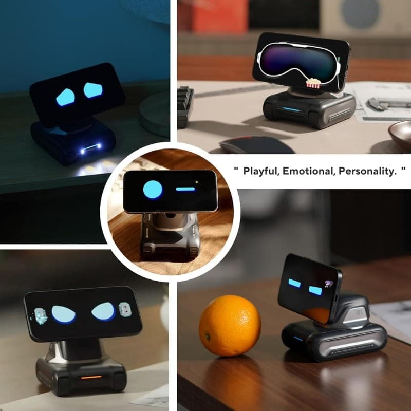 LOOI Robot avec Chat GPT, socle mobile pour smartphone affichant yeux animés, LED multicolores, design compact, expressif, compagnon de bureau interactif