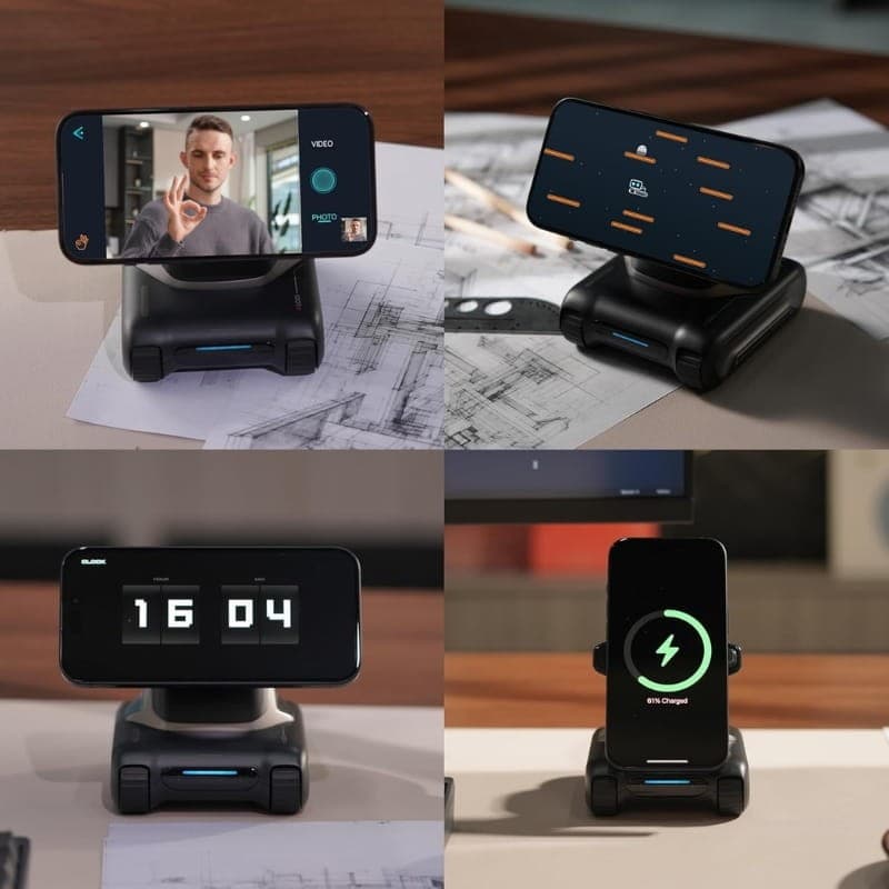 Support robotique LOOI Robot avec Chat GPT tenant un smartphone horizontal ou vertical, écran horloge, visioconférence, jeu et recharge rapide sur base noire