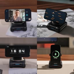 Support robotique LOOI Robot avec Chat GPT tenant un smartphone horizontal ou vertical, écran horloge, visioconférence, jeu et recharge rapide sur base noire