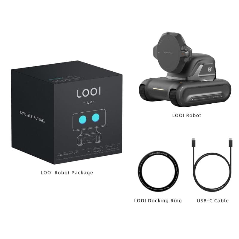 Robot LOOI avec Chat GPT: module gris sur chenilles, capteur frontal circulaire, numéro 01, anneau de dock et câble USB‑C, boîte noire LOOI incluse
