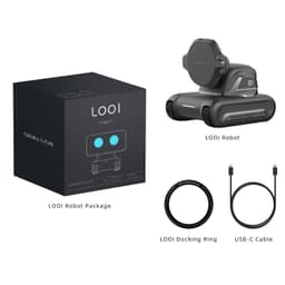 Robot LOOI avec Chat GPT: module gris sur chenilles, capteur frontal circulaire, numéro 01, anneau de dock et câble USB‑C, boîte noire LOOI incluse