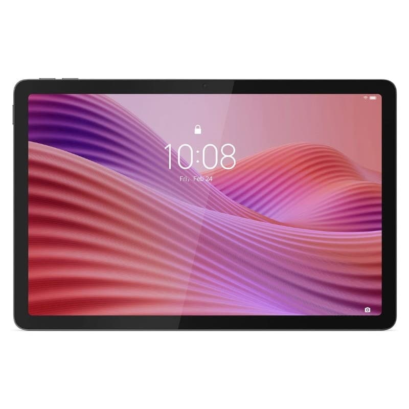 Lenovo Tab 10.1 cinzento com ecrã WUXGA, moldura preta fina e capa protetora; interface Android visível com relógio central e curvas em tons rosa e roxo