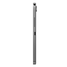 Lateral do tablet Lenovo cinzento 10.1 pol com capa; corpo fino, porta USB-C central, grelha de altifalante e câmara traseira saliente WUXGA 128GB 4GB RAM