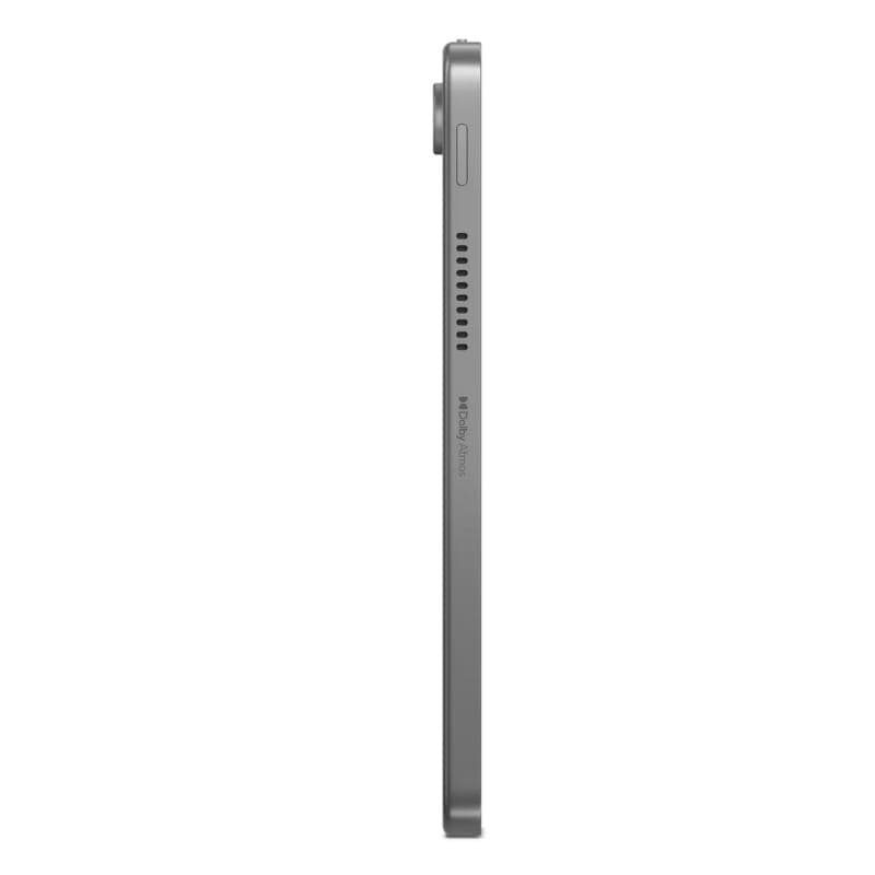 Perfil lateral do Lenovo Tab 10.1 cinzento, corpo fino em metal, botões e grelha de altifalante visíveis, câmara traseira saliente com tampa protetora