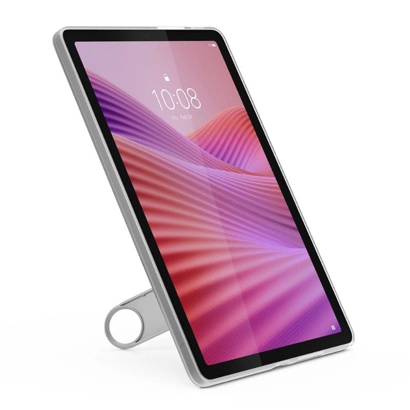 Lenovo Tab 10.1 cinzento com capa suporte, ecrã WUXGA com molduras finas, porta USB‑C lateral e botão circular no suporte, design elegante e fino