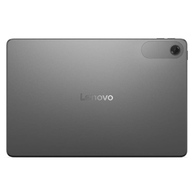 Tablet Lenovo cinzento 10.1 pol com tampa protetora, acabamento metálico, câmara traseira no canto, logo Lenovo central, design fino e minimalista.