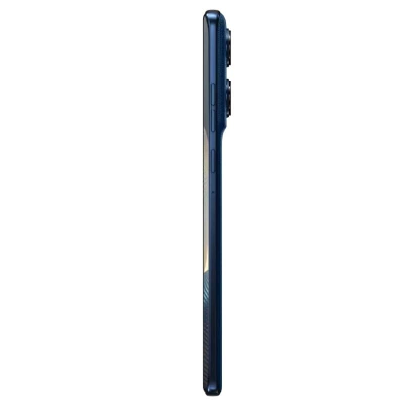 Motorola Edge 60 5G 8GB/512GB Azul, vista lateral ultra delgada con marco azul mate y módulo de cámaras traseras sobresaliente en la esquina superior