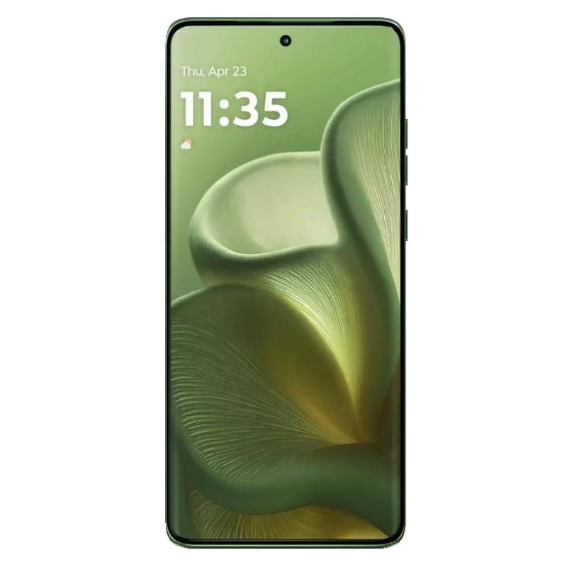 Motorola Edge 60 5G verde con pantalla completa casi sin bordes, cámara frontal en orificio central y botones laterales; diseño elegante y curvo.
