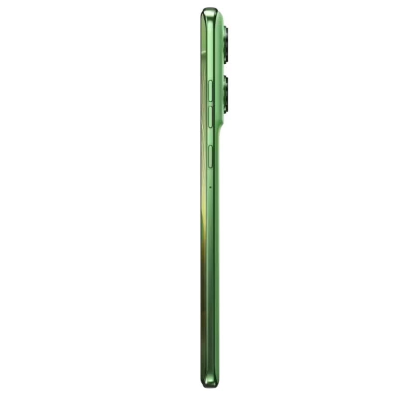 Borde lateral del Motorola Edge 60 5G verde con acabado metálico, perfil ultradelgado, botones de volumen y encendido, y módulo de cámara sobresaliente