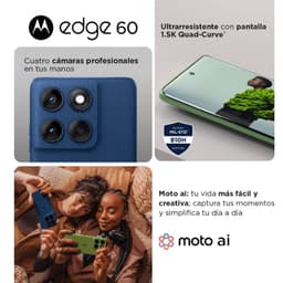 Motorola Edge 60 5G verde con cuatro cámaras traseras, pantalla 1.5K Quad-Curve con perforación, diseño texturizado y resistencia MIL-STD-810H