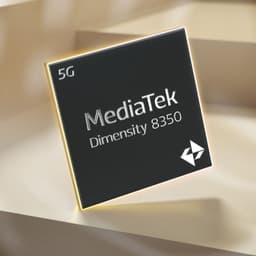 Chip 5G MediaTek Dimensity 8350 con borde iluminado en dorado, acabado negro mate y logotipo angular, presentado sobre fondo beige minimalista