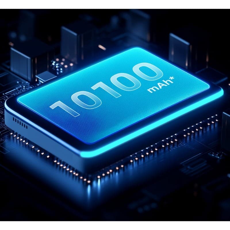 Batterie 10100 mAh+ lumineuse sur circuit électronique, module rectangulaire argenté aux bords arrondis, effet néon bleu, finition high-tech élégante