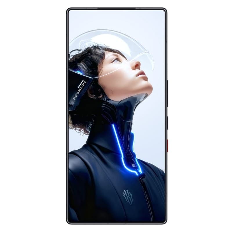 Écran bord à bord du Nubia Redmagic 11 Pro 5G, bordures fines, face avant immersive affichant visuel futuriste néon bleu, boutons latéraux discrets