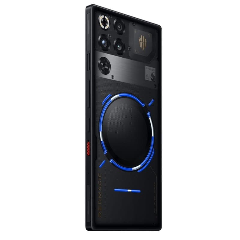 Smartphone gaming noir transparent avec accents bleus, anneau lumineux arrière, ventilateur intégré, module photo multiple, châssis anguleux Redmagic 11