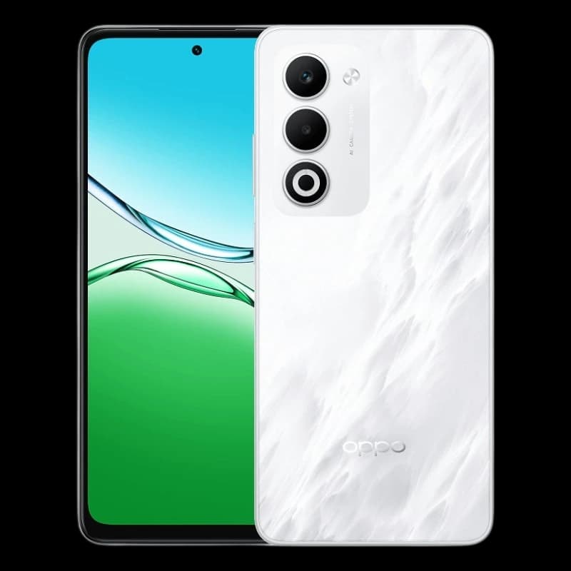 Oppo A5 4G branco com traseira perolada, módulo triplo de câmeras com sensor 50 MP, tela ampla com furo central e bordas finas, design elegante e moderno
