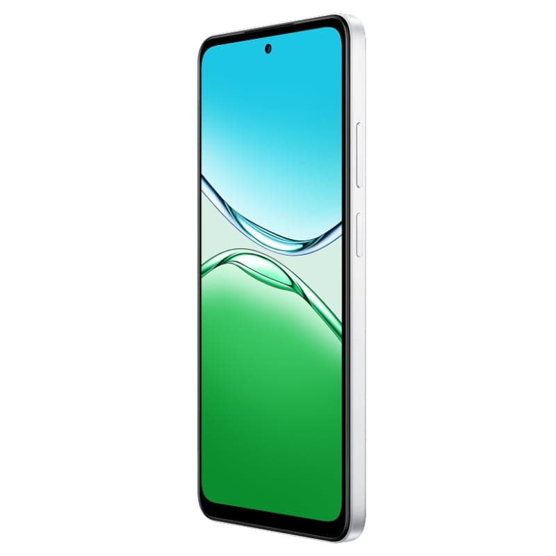Oppo A5 4G branco com ecrã grande de bordas finas, câmara frontal em furo central, laterais retas prateadas e botões de volume à direita