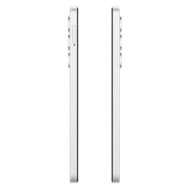 Oppo A5 4G branco visto de perfil, corpo fino com laterais retas em metal, botões alinhados e módulo de câmeras traseiras saliente com três lentes