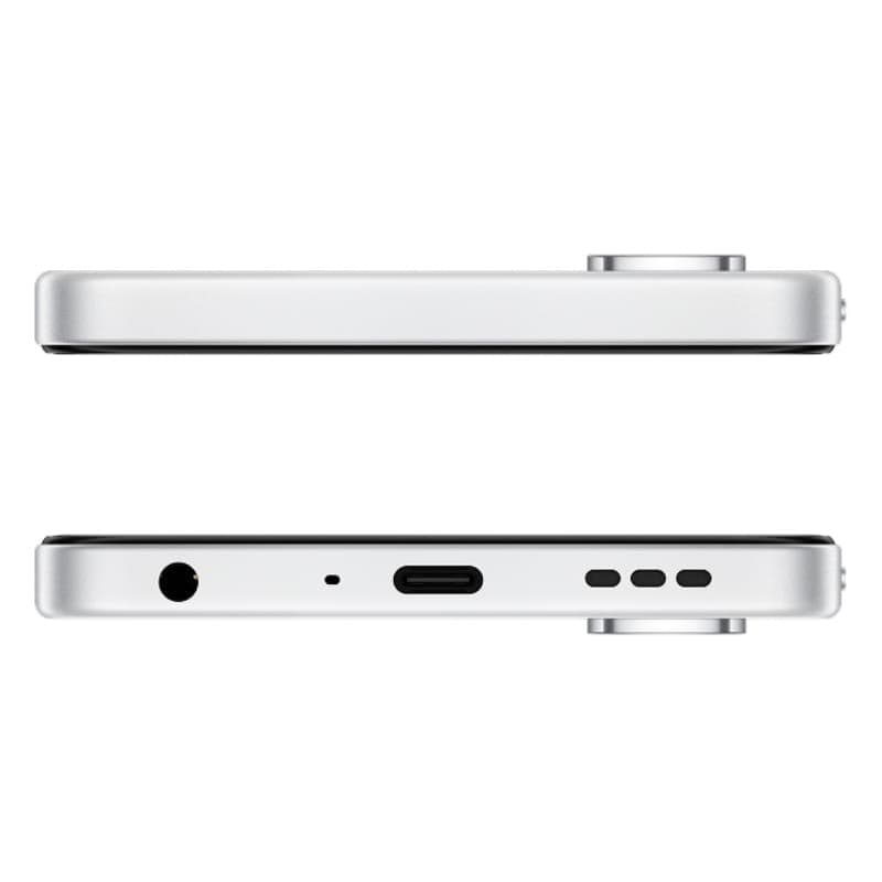 Oppo A5 4G branco com corpo fino, módulo de câmara saliente, USB‑C, entrada P2, grelha de altifalante e microfone inferiores, acabamento metálico elegante