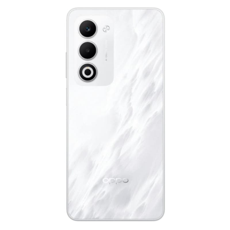 Oppo A5 4G branco com tampa traseira texturizada perolada, módulo de câmera tripla destacado e logotipo Oppo discreto na base