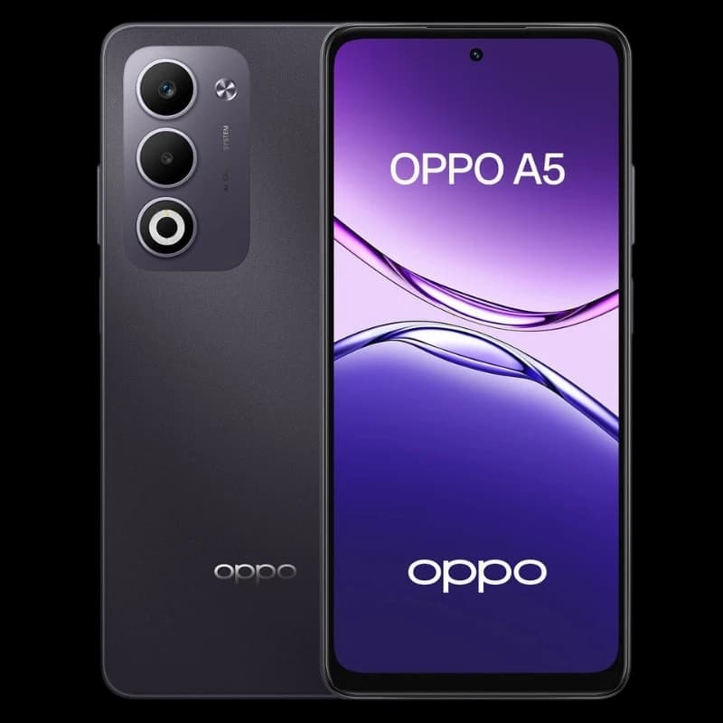 Oppo A5 4G 128 GB Roxo IP65 com tela grande de bordas finas, furo central para câmera, módulo traseiro triplo com flash e acabamento fosco elegante