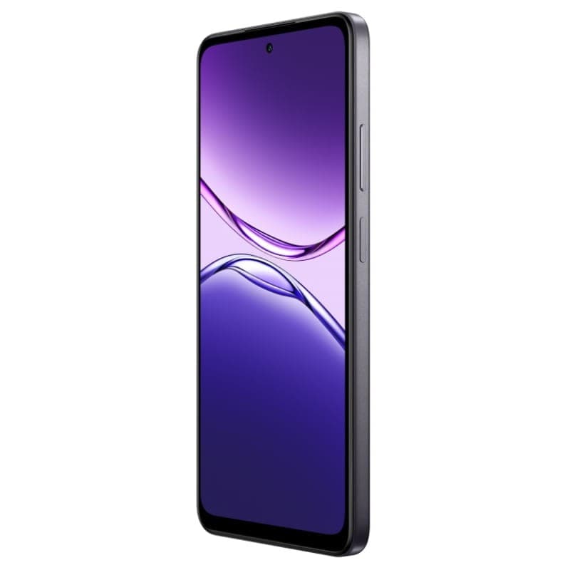 Oppo A5 4G roxo com tela ampla bordas finas e câmera frontal em furo central; laterais com botões de volume visíveis e acabamento fosco elegante
