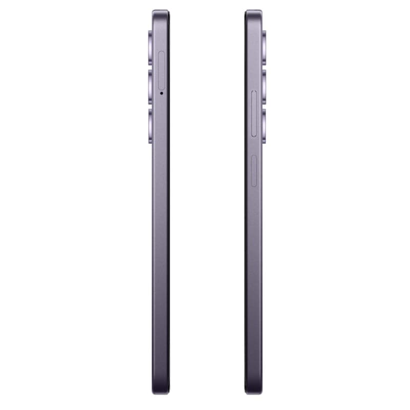 Lateral do Oppo A5 4G roxo com perfil fino, botões de volume e energia visíveis, módulo de câmera tripla saliente, acabamento matte elegante