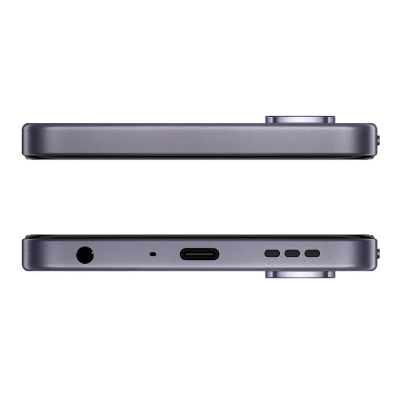Oppo A5 roxo 4G com laterais metálicas planas, módulo de câmera saliente, porta USB-C, entrada P2, grelha de alto-falante e vedação IP65