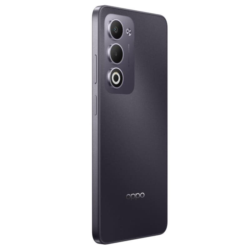 Oppo A5 4G roxo com traseira fosca, módulo de câmera retangular com duas lentes grandes e flash, bordas planas e acabamento elegante IP65