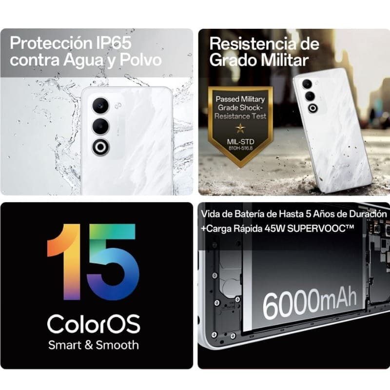 Oppo A5 4G branco com traseira marmorizada, duas câmeras grandes, destaque IP65, resistência militar, ColorOS 15, bateria 6000 mAh e SUPERVOOC 45W