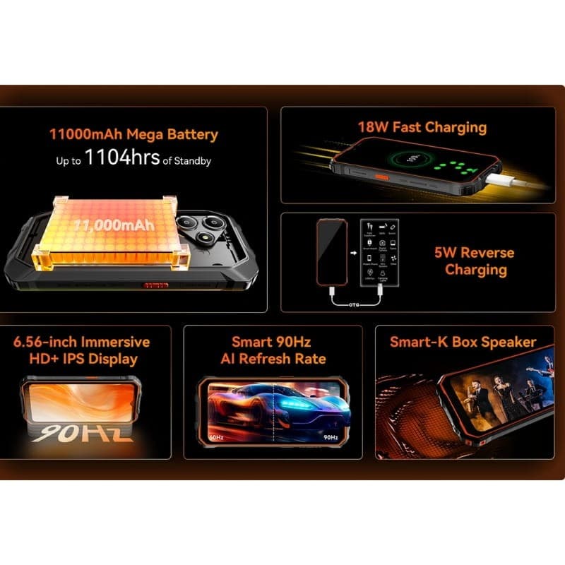 Oscal Marine 2 8Go/256Go Orange Rugged - affichage et capacité de la batterie