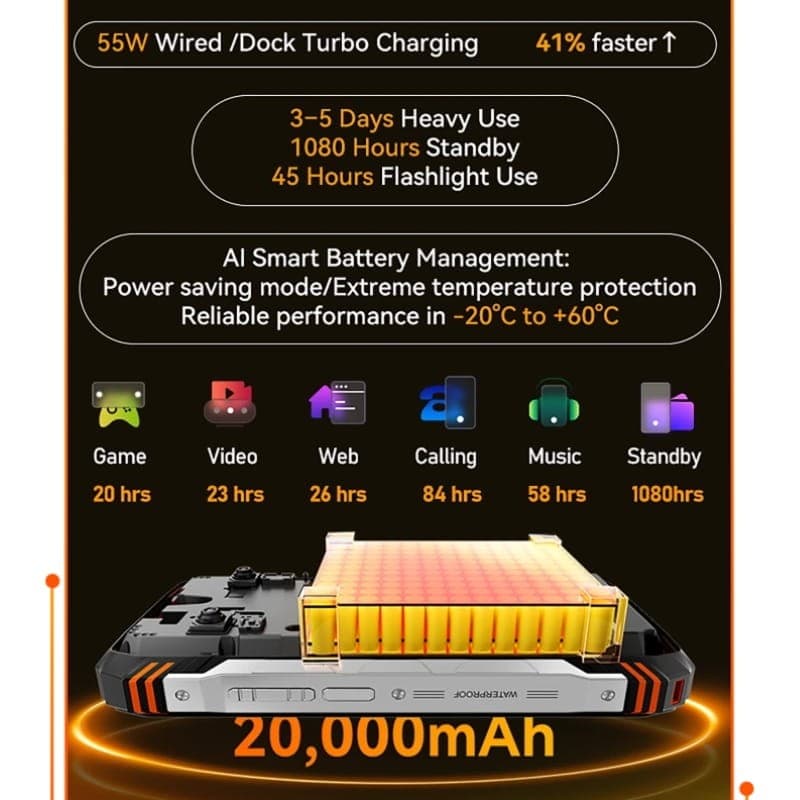 Oscal Tank 1 5G 12Go/256Go Noir Rugged - capacité de la batterie