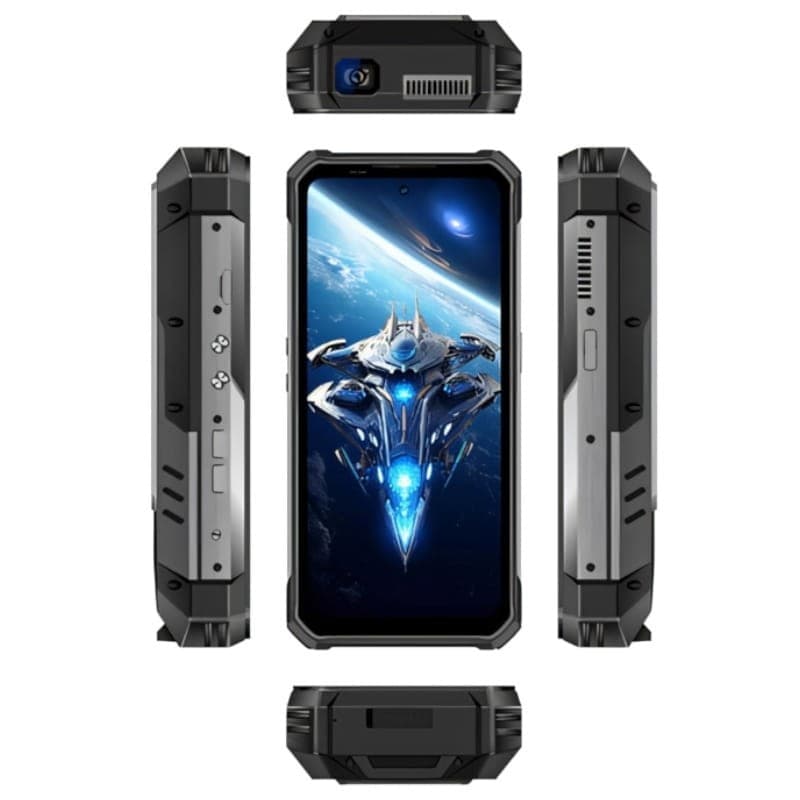 Smartphone rugerizado Oukitel WP100 Titan 5G con carcasa robusta negra, marcos metálicos, botones laterales, módulo de proyector superior y pantalla frontal