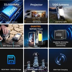 Smartphone resistente Oukitel WP100 Titan 5G con batería 33000 mAh, proyector 100 lúmenes, luz 1200 lúmenes, 12 GB RAM, 512 GB, cámara 200 MP y carga 66 W