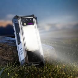 Smartphone rugerizado Oukitel WP100 Titan 5G con linterna LED trasera encendida, triple cámara, cuerpo resistente con esquinas reforzadas y acabado metálico
