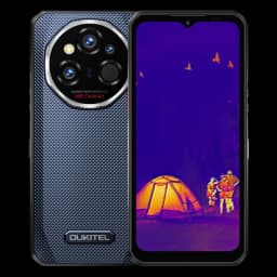 Oukitel WP55 Ultra 5G cinza robusto com traseira texturizada, módulo de câmera circular triplo e tela exibindo visão térmica com barraca e pessoas
