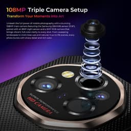 Módulo de câmera tripla do Oukitel WP55 Ultra 5G em cinza, destaque para sensor principal 108MP, lentes múltiplas e anéis metálicos, textura robusta no