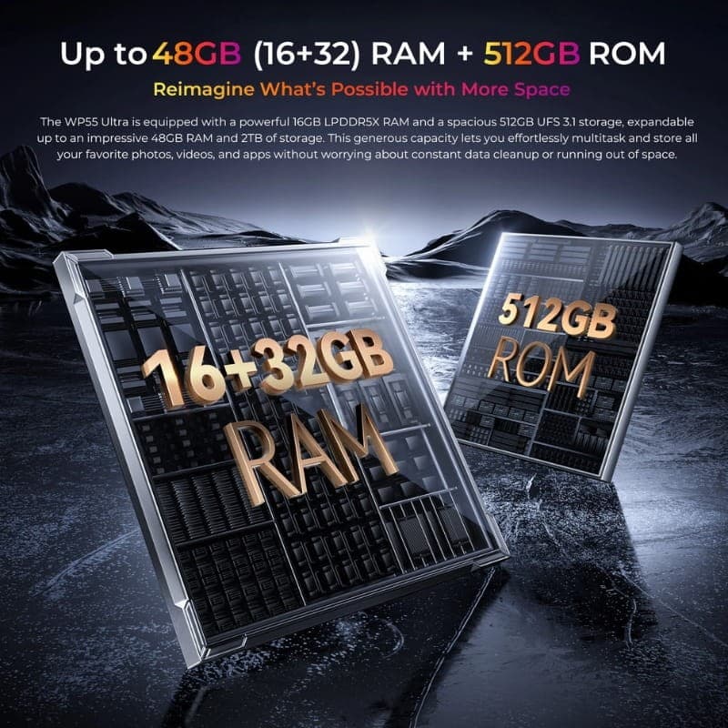 Oukitel WP55 Ultra 5G cinza com destaque para 16+32 GB RAM e 512 GB ROM em tipografia 3D sobre placas eletrônicas, estilo robusto e tecnológico