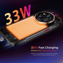 Oukitel WP55 Ultra 5G cinza com módulo de câmera triplo, tampa translúcida laranja e destaque para carregamento rápido 33W via USB-C