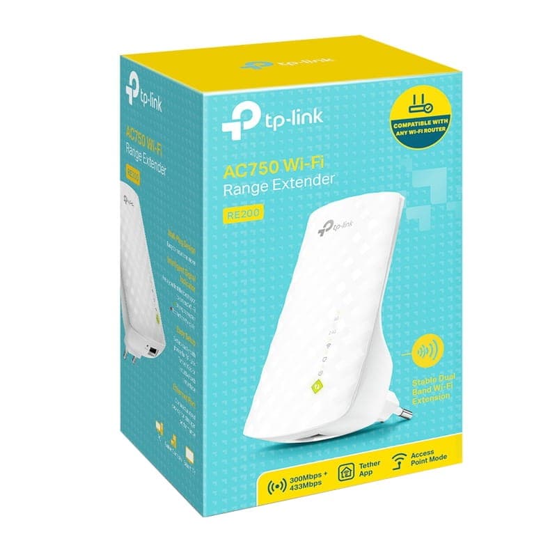 Repetidor TP-Link RE200 AC750 branco, compacto, com LEDs frontais e texturização em losangos; destaca bandas dual 2.4/5 GHz e porta Ethernet lateral