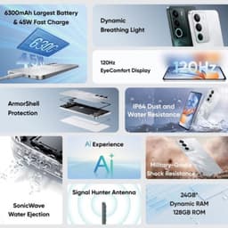 Realme C71 branco com tela 120Hz, luz respiratória, proteção ArmorShell, IP64, bateria 6300mAh e carregamento 45W, choque militar e som SonicWave