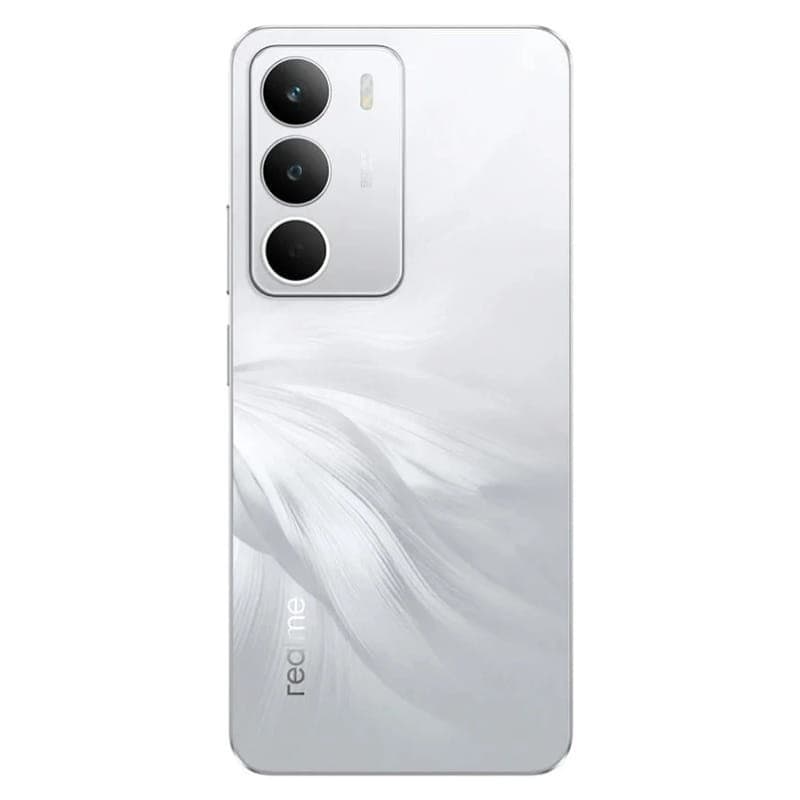 Realme C71 4 GB/256 GB Branco com traseira perolada e padrão de plumas, módulo de câmera retangular com três lentes grandes e bordas planas elegantes
