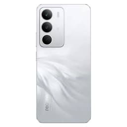 Realme C71 4 GB/256 GB Branco com traseira perolada e padrão de plumas, módulo de câmera retangular com três lentes grandes e bordas planas elegantes