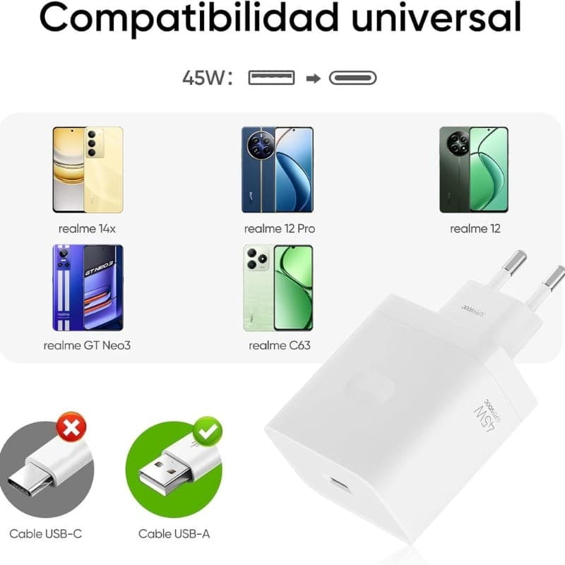 Realme SUPERVOOC 45W USB-A Blanc - compatibilité universelle