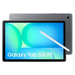 Samsung Galaxy Tab S10 FE 10,9 pulgadas en gris con pantalla amplia, marcos delgados y S Pen blanco; diseño elegante, cámara trasera única y acabado mate