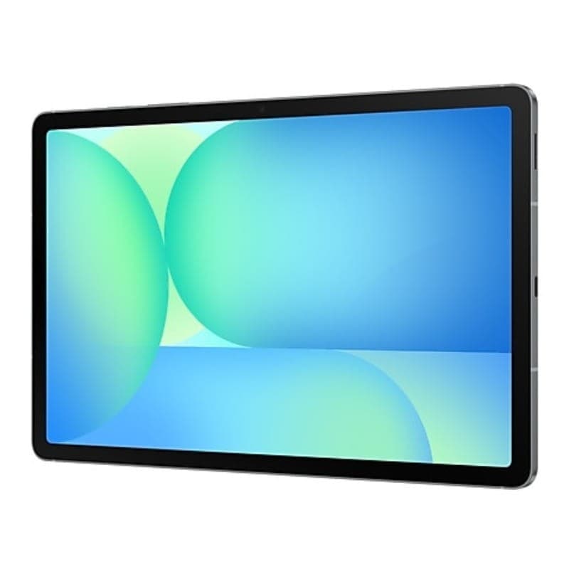 Tablet Samsung Galaxy Tab S10 FE 10,9 pulgadas en color gris, pantalla amplia con marcos delgados, cámara frontal centrada y bordes planos de aluminio